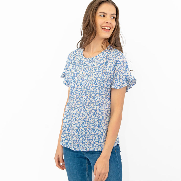 M&S Blue Floral Print Lightweight Blouse Frill Short Sleeve Round Neckline Tops