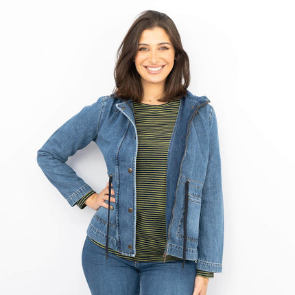 White Stuff Layla Blue Denim Jacket Long Sleeve Adjustable Waist with Pockets