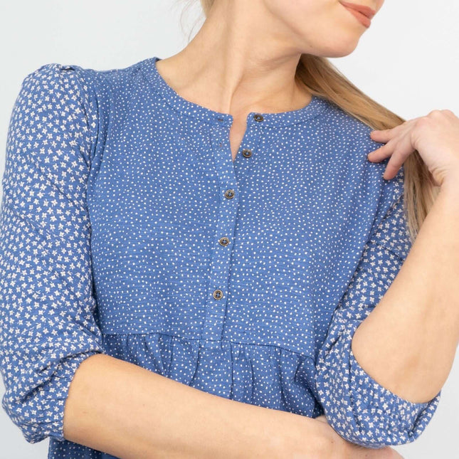 Blue 3/4 Sleeve Ditsy Floral Jersey Tops-Quality Brands Outlet-