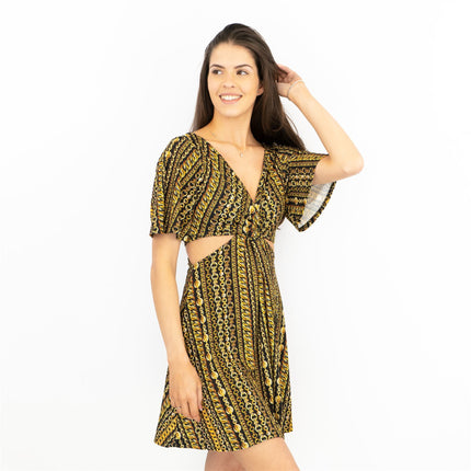 Karen Millen Side Cut Out Gold Chain Print Jersey Short Sleeve Mini Dress-Quality Brands Outlet-