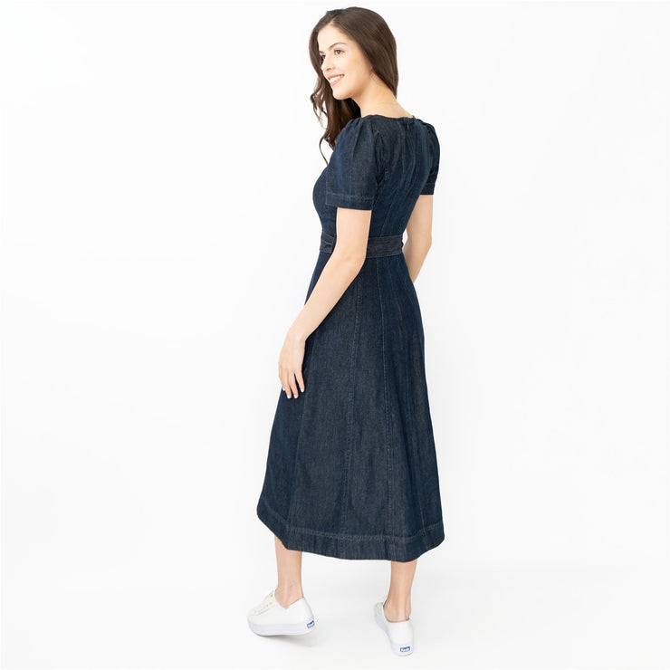 Boden Indigo Denim Short Sleeve Square Neck Belted Flare Midi Dresses