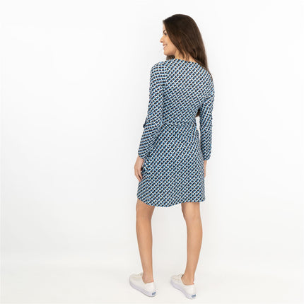 Karen Millen Blue Long Sleeve Jersey Geometric KM Logo Print Tie Wrap Dress-Quality Brands Outlet-