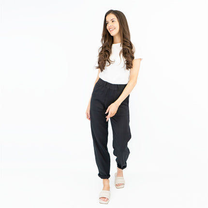 M&S Pure Cotton Tapered Ankle Grazer Elasticated Waist Black Trousers - Quality Brands Outlet