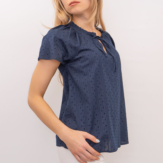 M&S Navy Blue Lightweight Textured Blouse Short Sleeve Tie Neck Tops-Quality Brands Outlet-