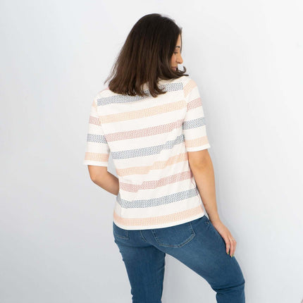 White Stuff Short Sleeve Boat Neck Embroidered Stripes White Soft Cotton Jersey Tops-Quality Brands Outlet-