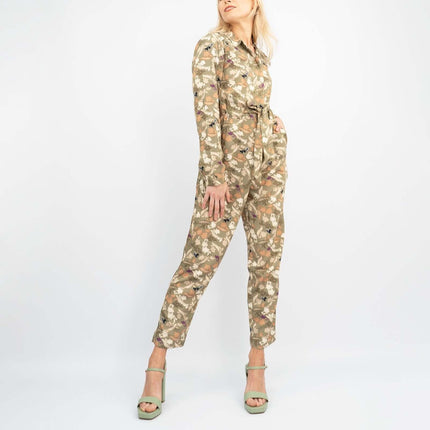 White Stuff Jocelyn Olive Green Floral Print Slim Leg Lightweight Cotton Jumpsuit with Belt