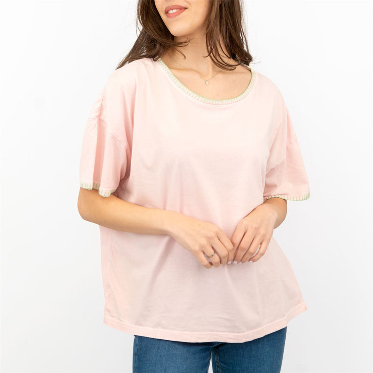 Hush Light Pink Blouse with Green Stitches Details Short Sleeve Cotton Tops