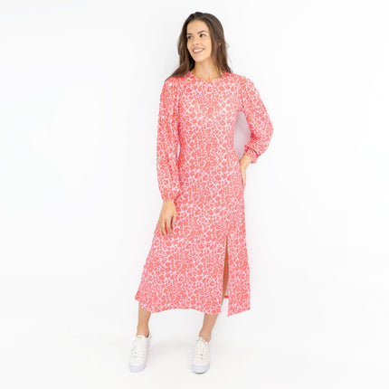 Oasis Pink Long Sleeve Floral Print Slit Summer Long Midi Dresses-Quality Brands Outlet-