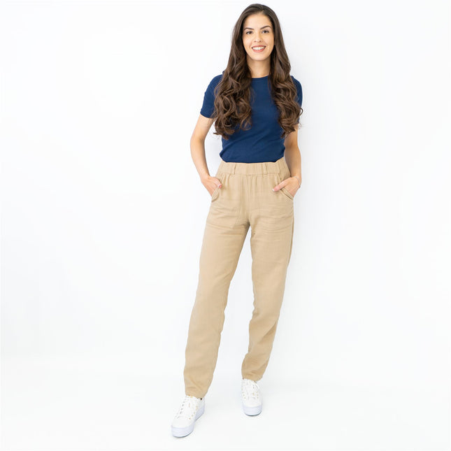 M&S Pure Cotton Tapered Ankle Grazer Elasticated Waist Beige Trousers-Quality Brands Outlet-