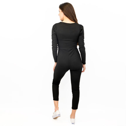 Misspap Ribbed Puff Shoulder Long Sleeve Square Neck Skinny Leg Stretch Bodycon Fit Jumpsuits-Quality Brands Outlet-