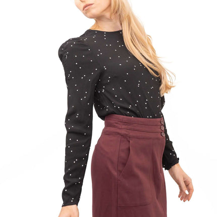 M&S Women Black Polka Dot Long Sleeve Round Neck Top