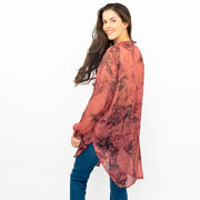 Next Red Floral with Silver Thread Long Sleeve Button-Up Lightweight Tunic Longline Tops - Quality Brands Outlet