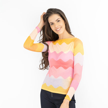 Coast Pink Chevron Print Long Sleeve Boat Neck Mesh Tops-Quality Brands Outlet-