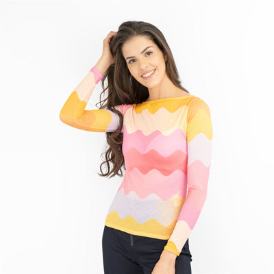 Coast Pink Chevron Print Long Sleeve Boat Neck Mesh Tops - Quality Brands Outlet