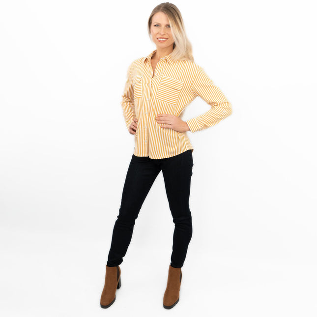 Yellow Striped Long Sleeve Button Through Women's Shirts-Quality Brands Outlet-