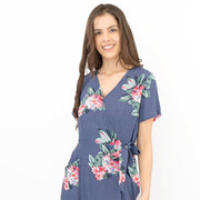Joules Callie Floral Print Blue Cross Wrap Short Sleeve Midi Dresses with Pockets