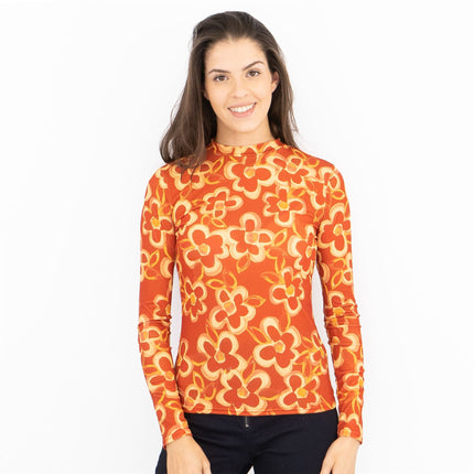 Nasty Gal Long Sleeve Retro Orange Floral High Neck Stretch Jersey Tops-Quality Brands Outlet-