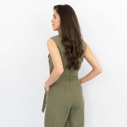 White Stuff Sleeveless Khaki Linen Wide Leg Summer Jumpsuit-Quality Brands Outlet-