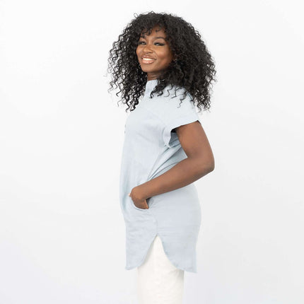 White Stuff Oversized Light Blue Linen Longline Tunic Tops-Quality Brands Outlet-