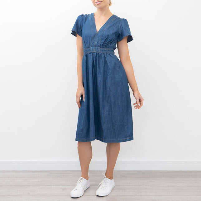 Monsoon Blue Denim V-Neck Short Sleeve Dress-Quality Brands Outlet-