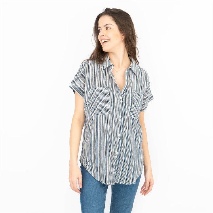 Next Blue Stripe Short Sleeve Relaxed Fit Longline Shirts