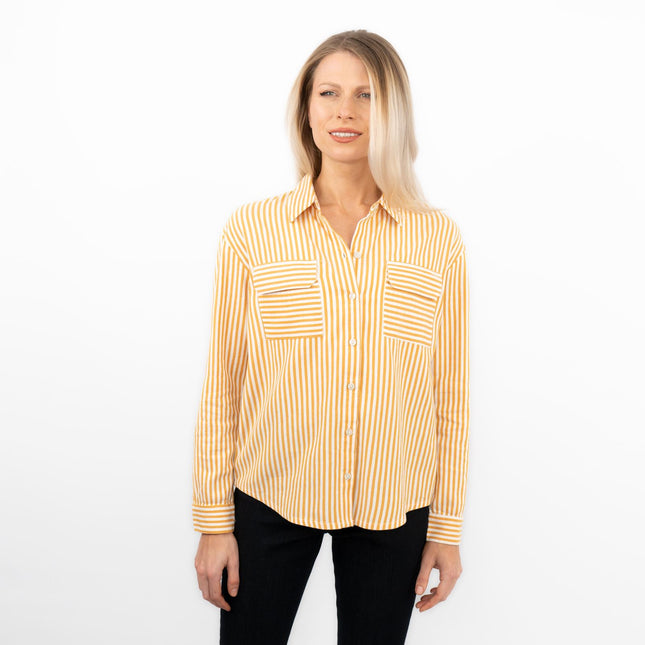 Yellow Striped Long Sleeve Button Through Women's Shirts-Quality Brands Outlet-