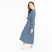 Oasis Black Dress with Blue Floral Print Long Sleeve Midi Shirt Dresses - Quality Brands Outlet