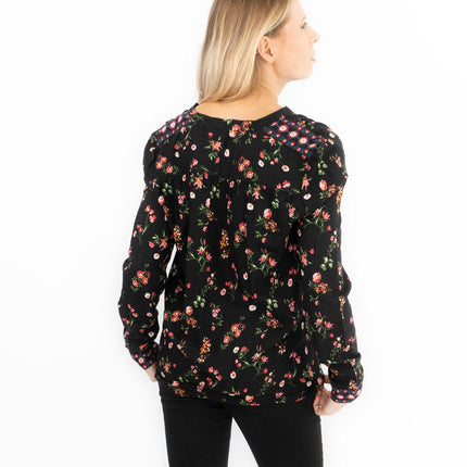 Black Floral Long Sleeve Relaxed Fit Shirts Button-Up Women's Tops-Quality Brands Outlet-