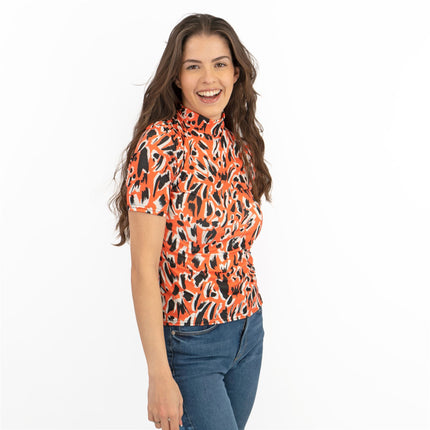 Karen Millen Orange Print Short Sleeve High Neck Tops-Quality Brands Outlet-