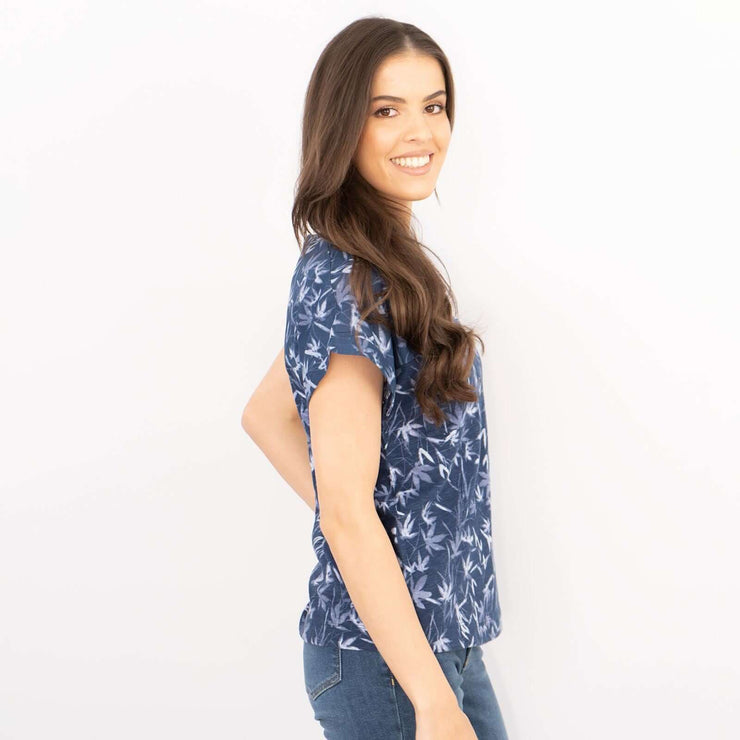 White Stuff Short Sleeve Blue Floral Print Relaxed Cotton Casual Summer Tops
