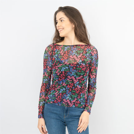 Karen Millen Black Floral Long Sleeve Boat Neck Mesh Tops-Quality Brands Outlet-