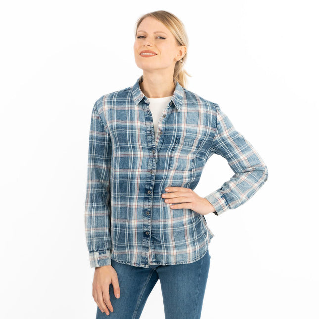 Blue Denim Check Women's Shirts Long Sleeve Button Up Tops-Quality Brands Outlet-