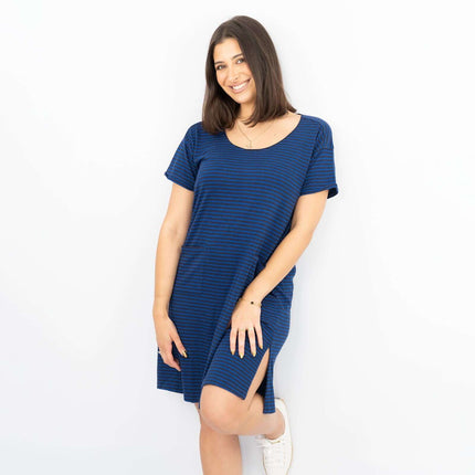 White Stuff Rich Blue Stripes Short Sleeve Cotton Blend Jersey Casual Relaxed Short Dress-Quality Brands Outlet-