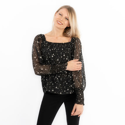 Next Black Silver Chiffon Star Foil Print Occasion Party Puff Sleeve Tops - Quality Brands Outlet