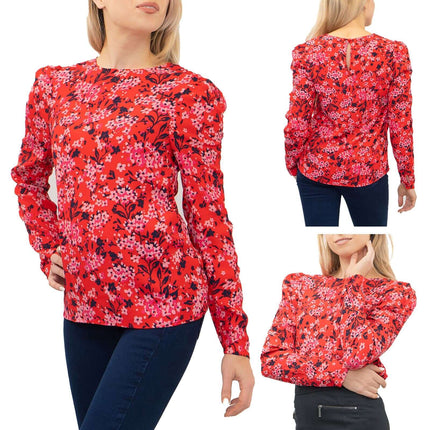 M&S Red Ditsy Floral Print Long Sleeve Lightweight Tops-Quality Brands Outlet-
