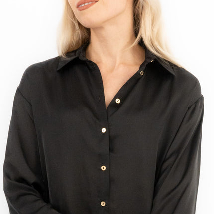 Coast Black Drap Satin Longline Long Sleeve Tunic Shirt-Quality Brands Outlet-