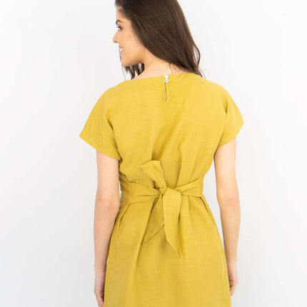 White Stuff Short Sleeve Linen Olive Green Tie-On Summer Short Dress-Quality Brands Outlet-