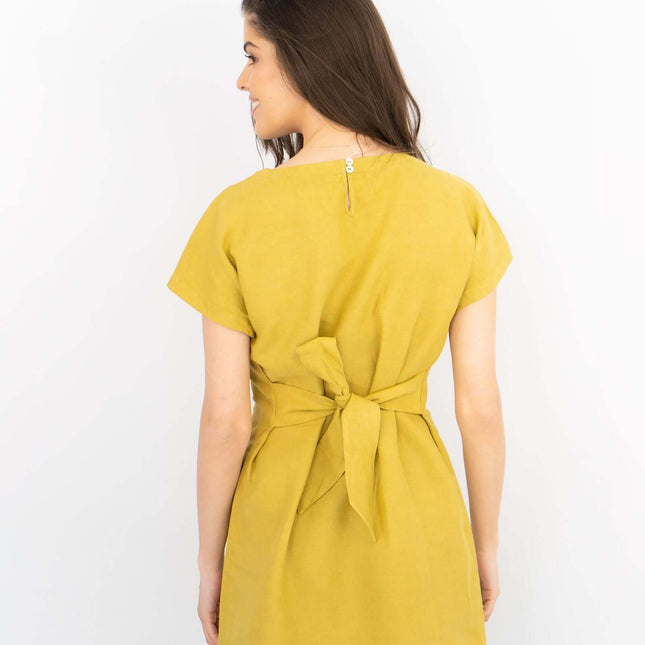 White Stuff Short Sleeve Linen Olive Green Tie-On Summer Short Dress-Quality Brands Outlet-