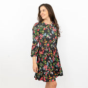 Oasis Black Floral 3/4 Sleeve Fit & Flare Swing Dress