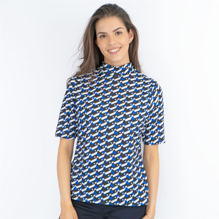 Karen Millen Blue Geometric Print High Neck Short Sleeve Tops-Quality Brands Outlet-