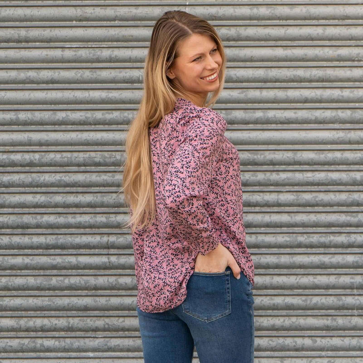 M&S Pink Ditsy Floral Print Long Sleeve Lightweight Relaxed Summer Spring Tops - Quality Brands Outlet