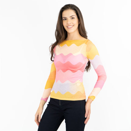 Coast Pink Chevron Print Long Sleeve Boat Neck Mesh Tops-Quality Brands Outlet-
