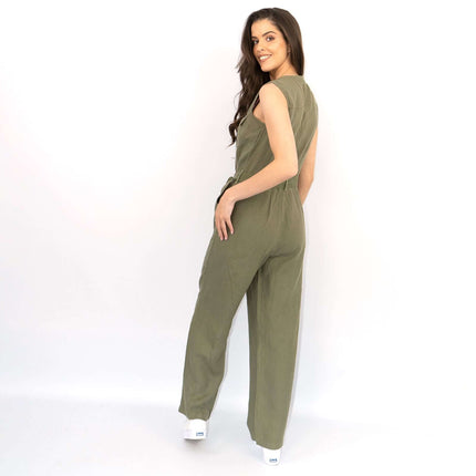 White Stuff Sleeveless Khaki Linen Wide Leg Summer Jumpsuit-Quality Brands Outlet-