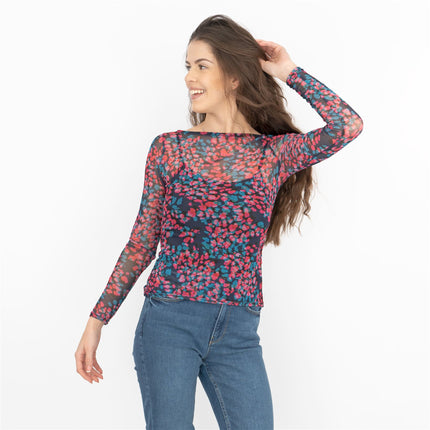 Coast Floral Long Sleeve Boat Neck Mesh Tops-Quality Brands Outlet-