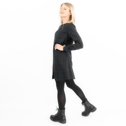 Long Sleeve Black Check Tunic Loose Longline Tops-Quality Brands Outlet-