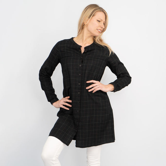 Long Sleeve Black Check Tunic Loose Longline Tops-Quality Brands Outlet-