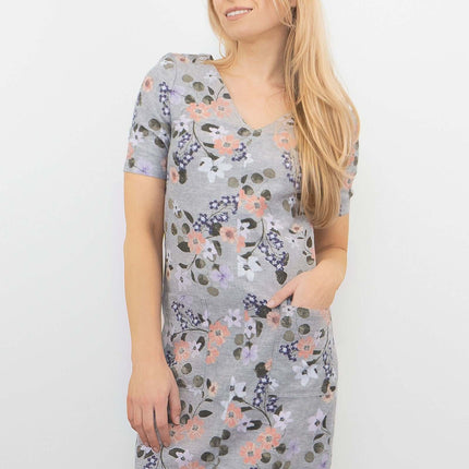 M&S Linen Blend Grey Floral Short Sleeve Casual Shift Dress-Quality Brands Outlet-