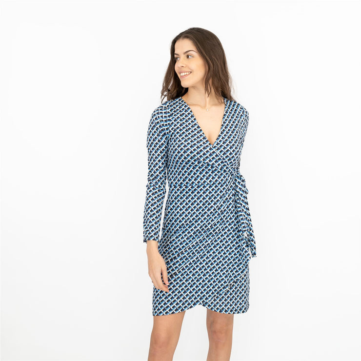 Karen Millen Blue Long Sleeve Jersey Geometric KM Logo Print Tie Wrap Dress
