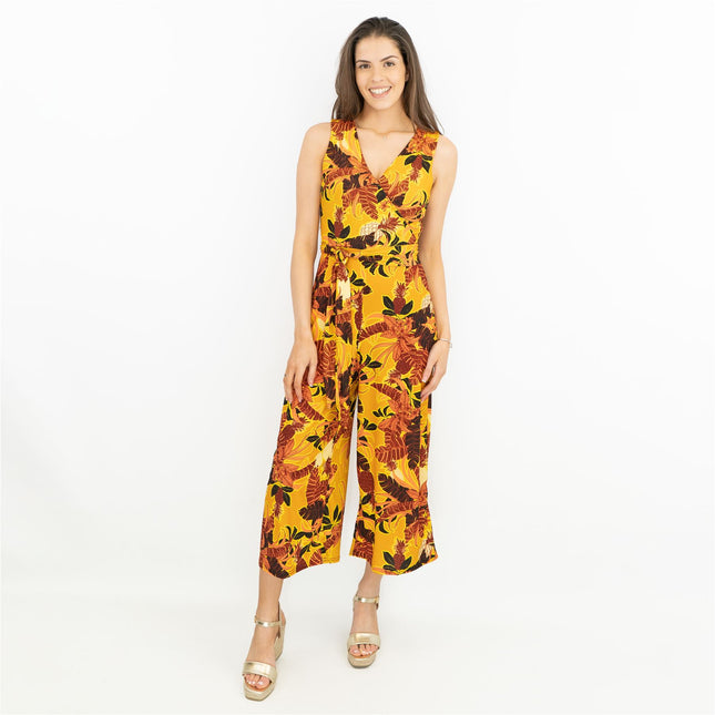 Karen Millen Yellow Batik Print Sleeveless Cross Wrap Belted Crop Wide Leg Jersey Jumpsuits - Quality Brands Outlet