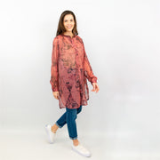 Next Red Floral with Silver Thread Long Sleeve Button-Up Lightweight Tunic Longline Tops - Quality Brands Outlet